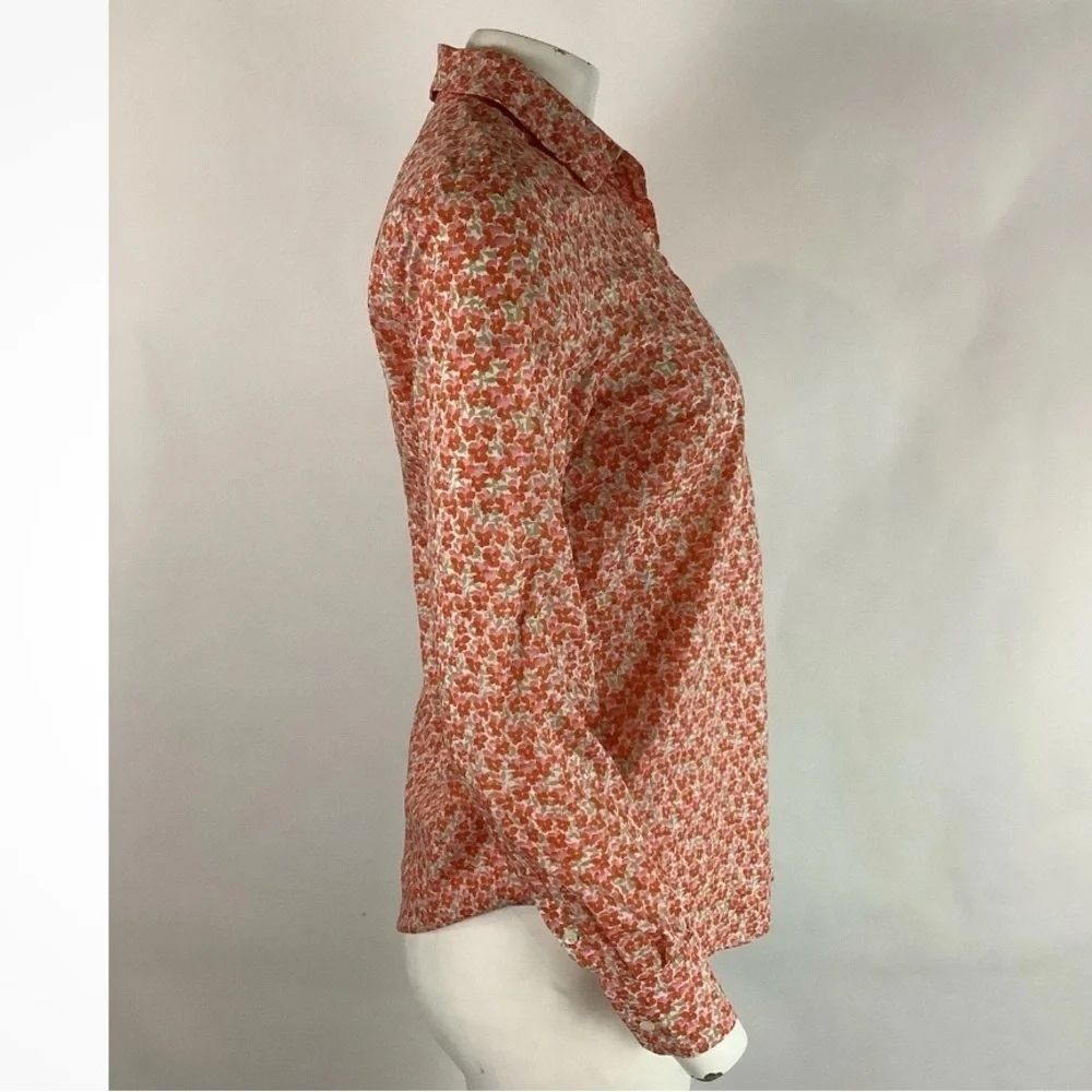 J Crew Sz 2 All Over Floral Print Long Sleeve Popover Preppy Top Orange Pink